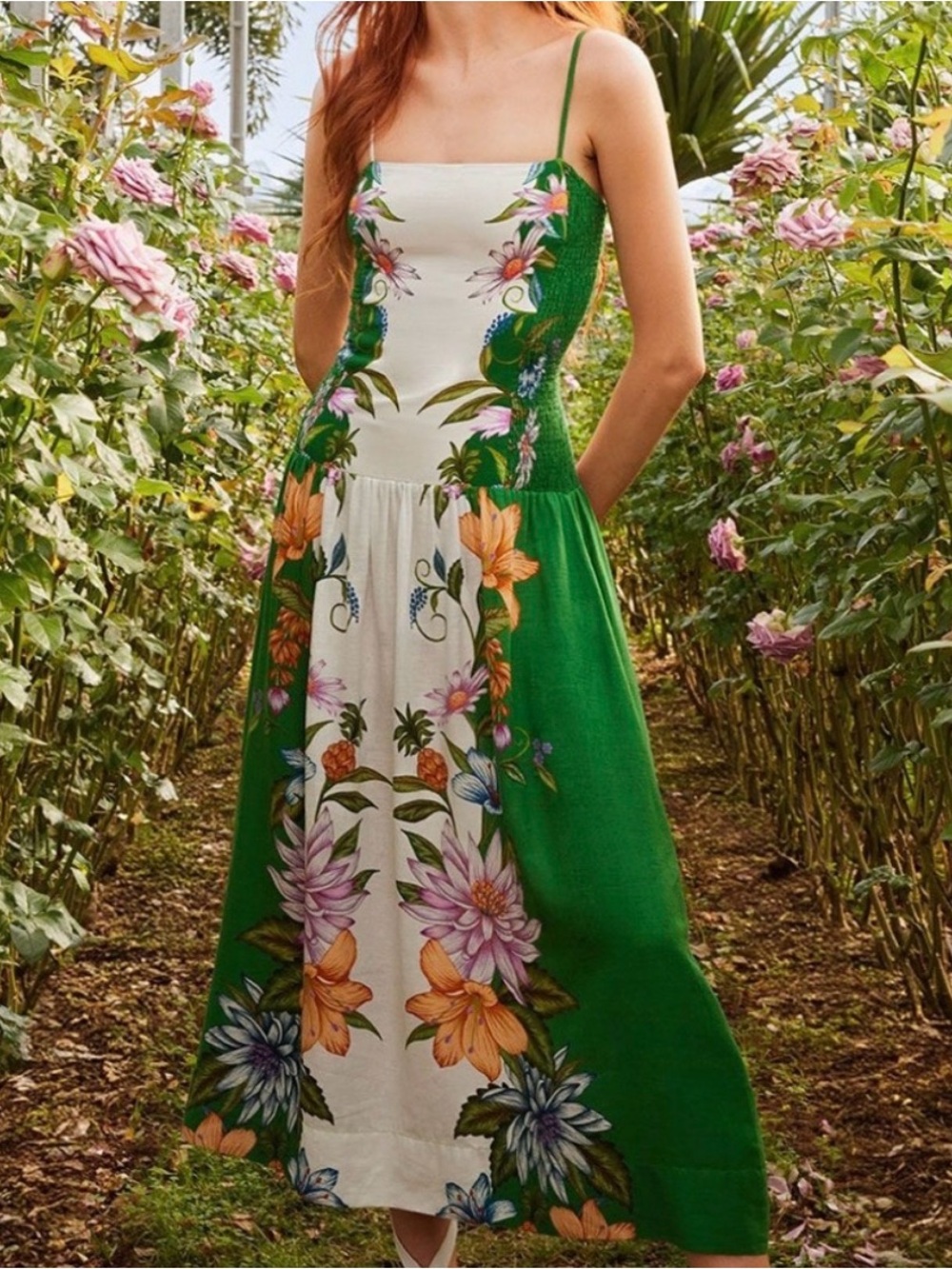 FARM Rio Green & White Floral Midi Dress with Spaghetti Straps - Picture 2 of 4